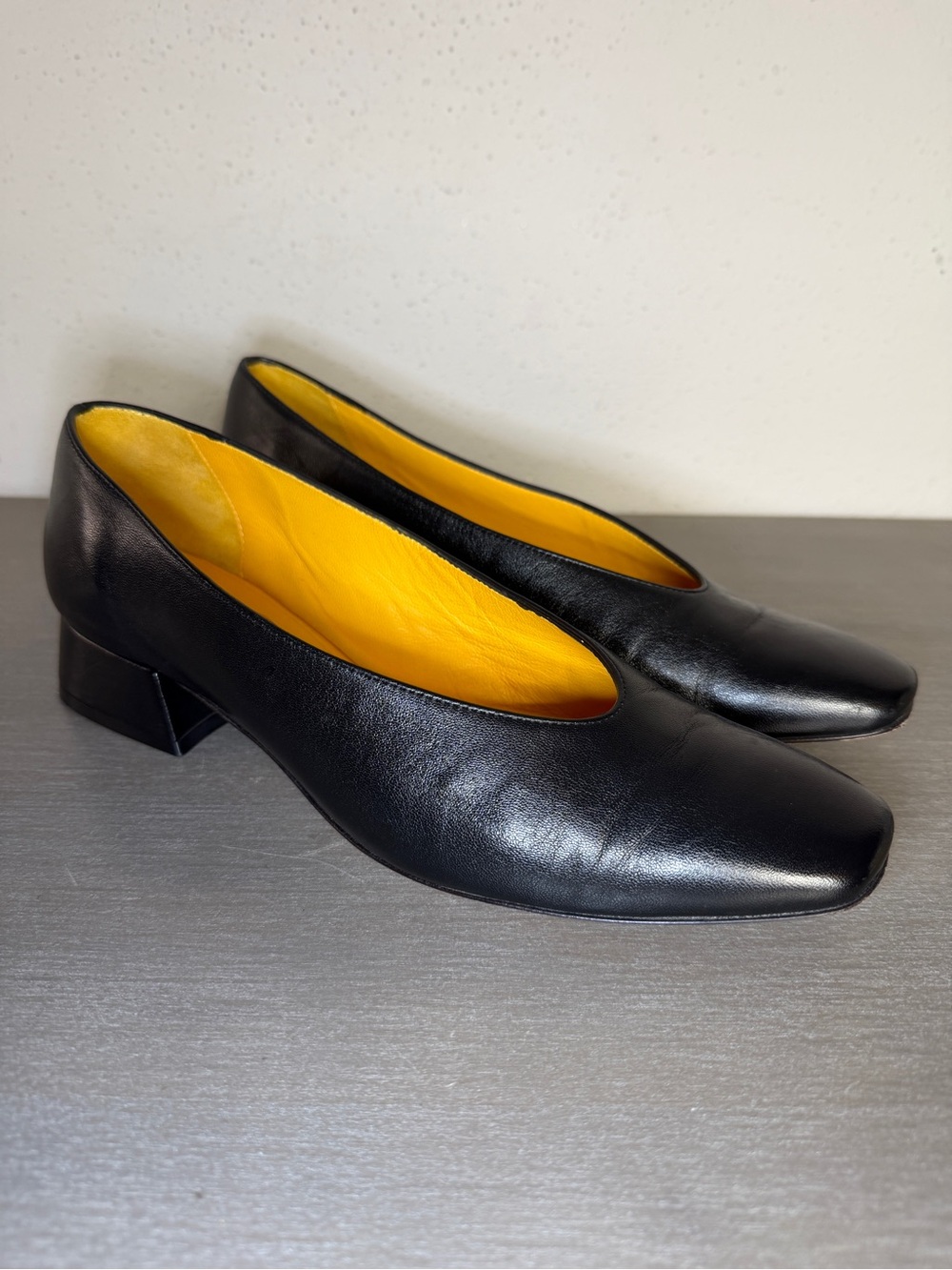Mara Bini Black Leather Square Toe Block Heel Pumps Women Size 38.5 Italy